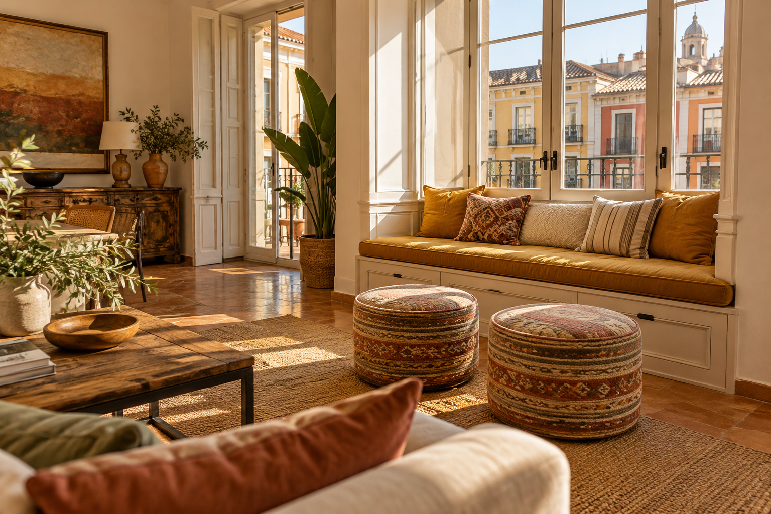 Muebles tapizados de un hogar en Málaga Banco de ventana y taburetes tapizados en Málaga