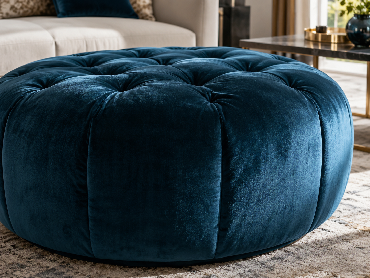 Puf tapizado de terciopelo azul Puf tapizado de terciopelo azul