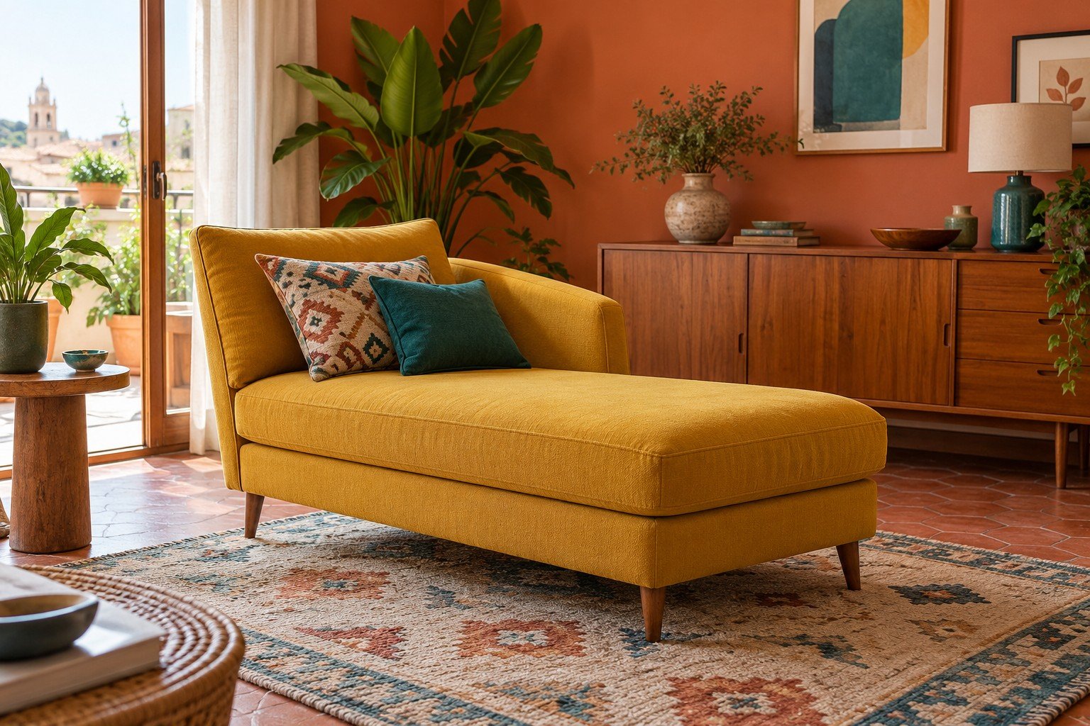 Limpieza de chaise longue mostaza de estilo mid-century en Málaga